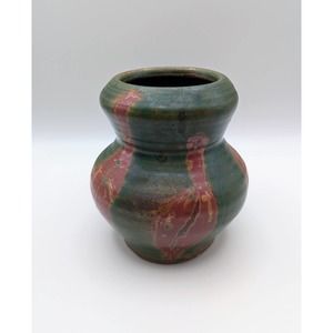 Signed studio pottery vase, deep green and rust matte glazed flower vase